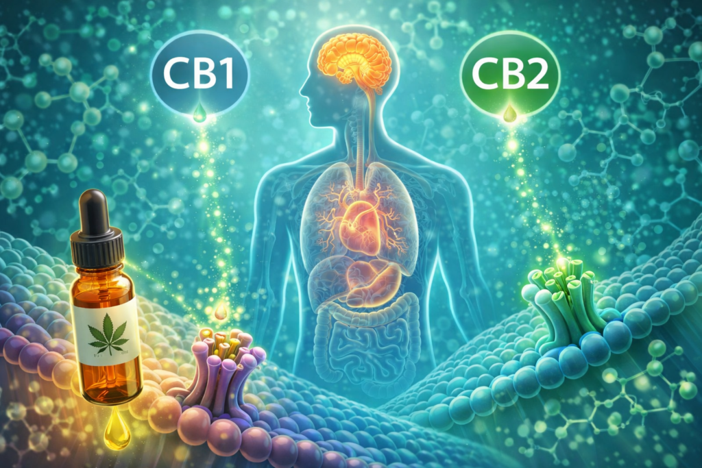 Illustration des récepteurs CB1 et CB2 dans le corps humain avec interaction du CBD