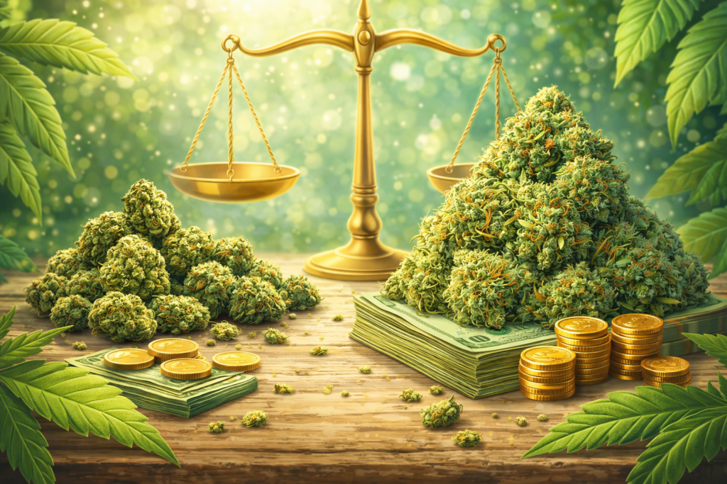 Small buds CBD comparés à des grosses fleurs avec balance illustrant le rapport qualité prix