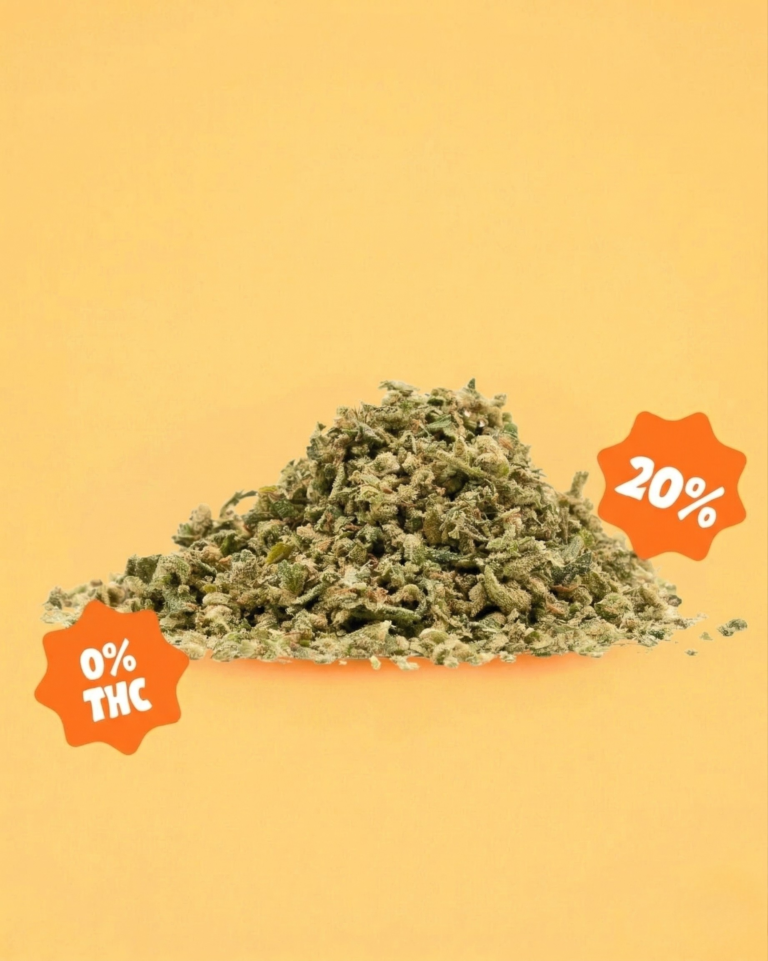 Trim Orange Bud CBD avec 20% de cannabidiol et 0% THC sur fond orange