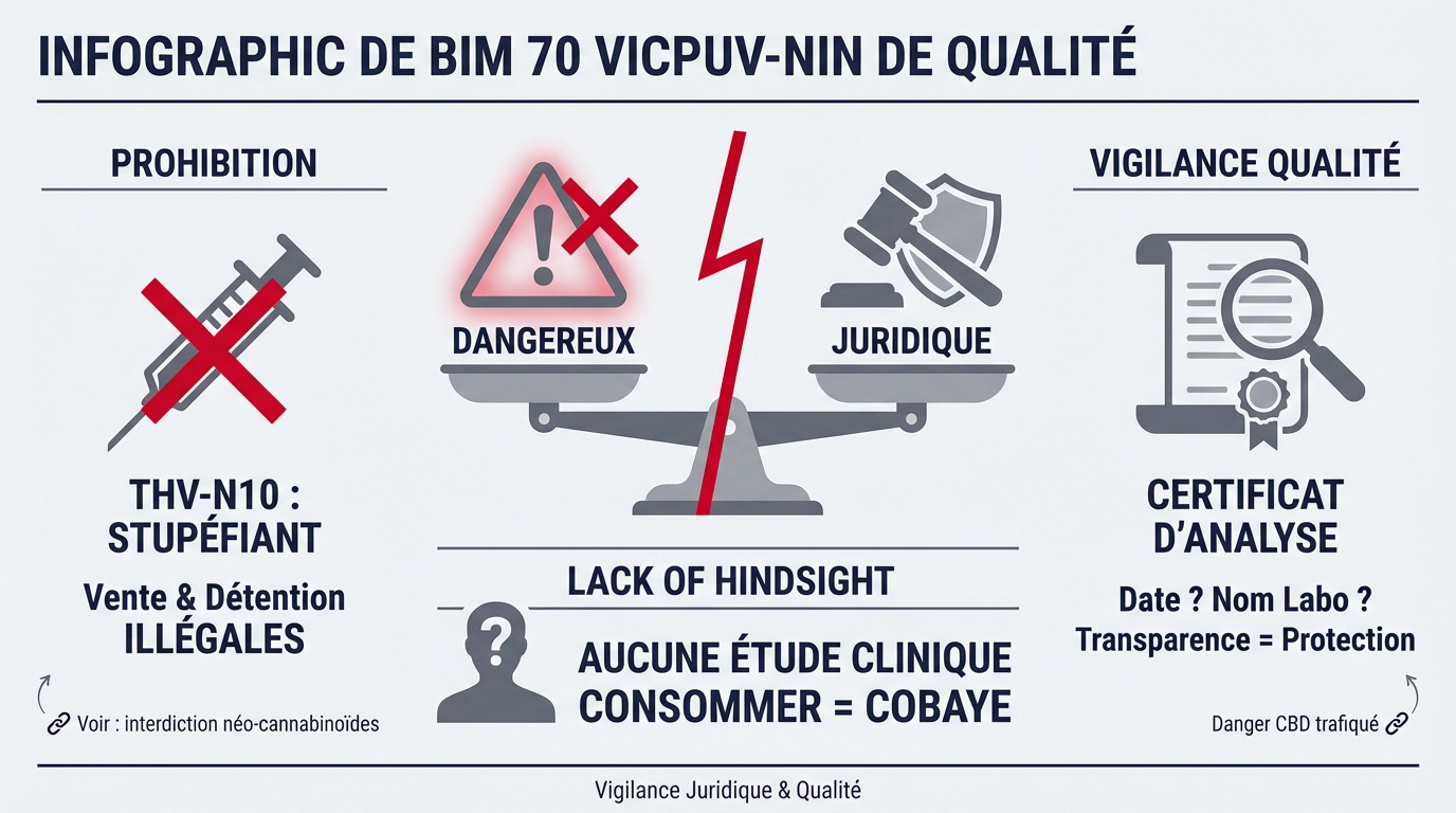 Infographie sur la vigilance juridique et la qualité des cannabinoïdes en France