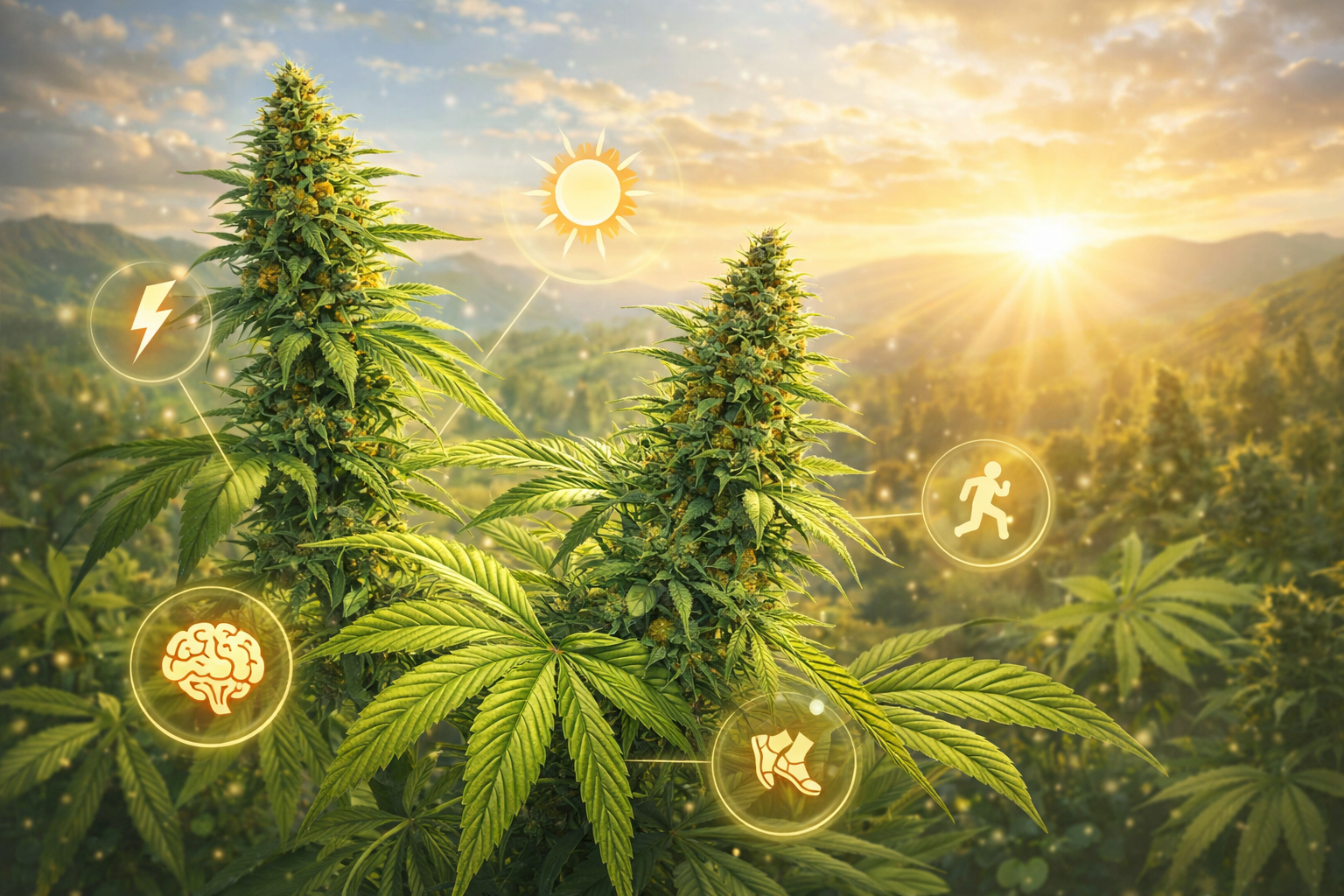 Sativa cannabis plant growing outdoors with symbols representing energy, focus and daytime effects