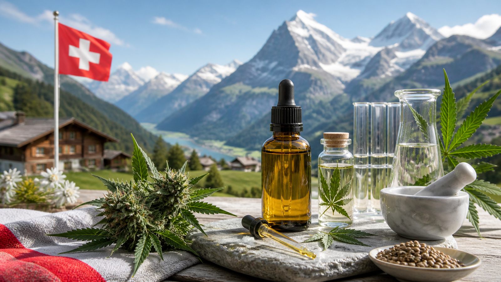 Illustration de CBD suisse avec fleur de chanvre, huile, graines et matériel de laboratoire, devant un paysage alpin et un drapeau suisse.