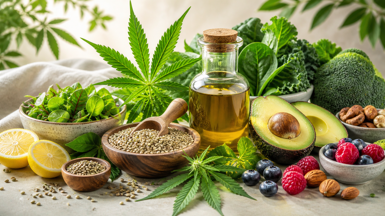 Illustration of hemp seeds, hemp oil, and healthy foods such as avocado, leafy greens, berries, nuts, and citrus fruits, highlighting the nutritional and health benefits of hemp.