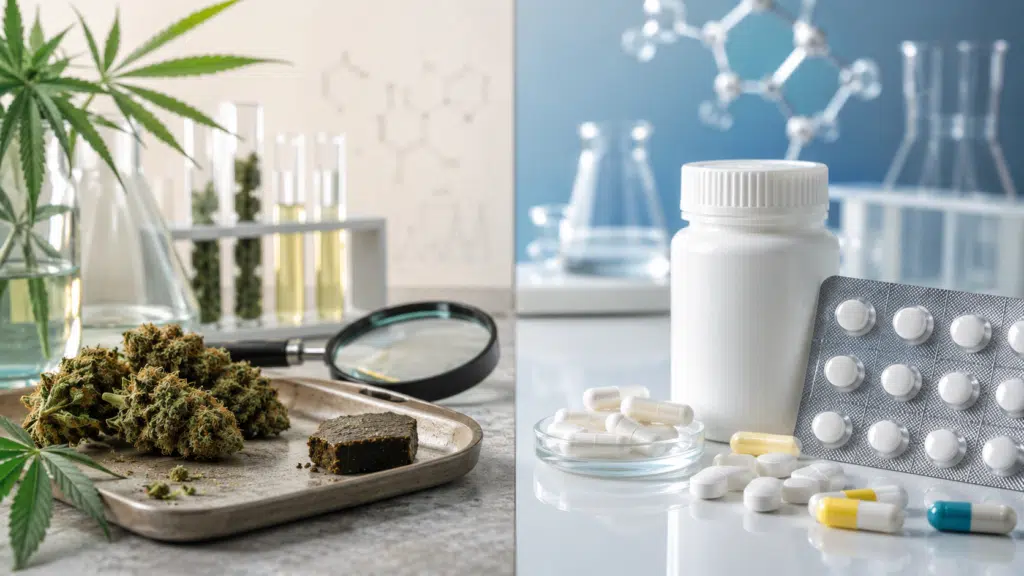 CBD anti-douleur avec fleurs, résine CBD et médicaments en comparaison dans un contexte scientifique