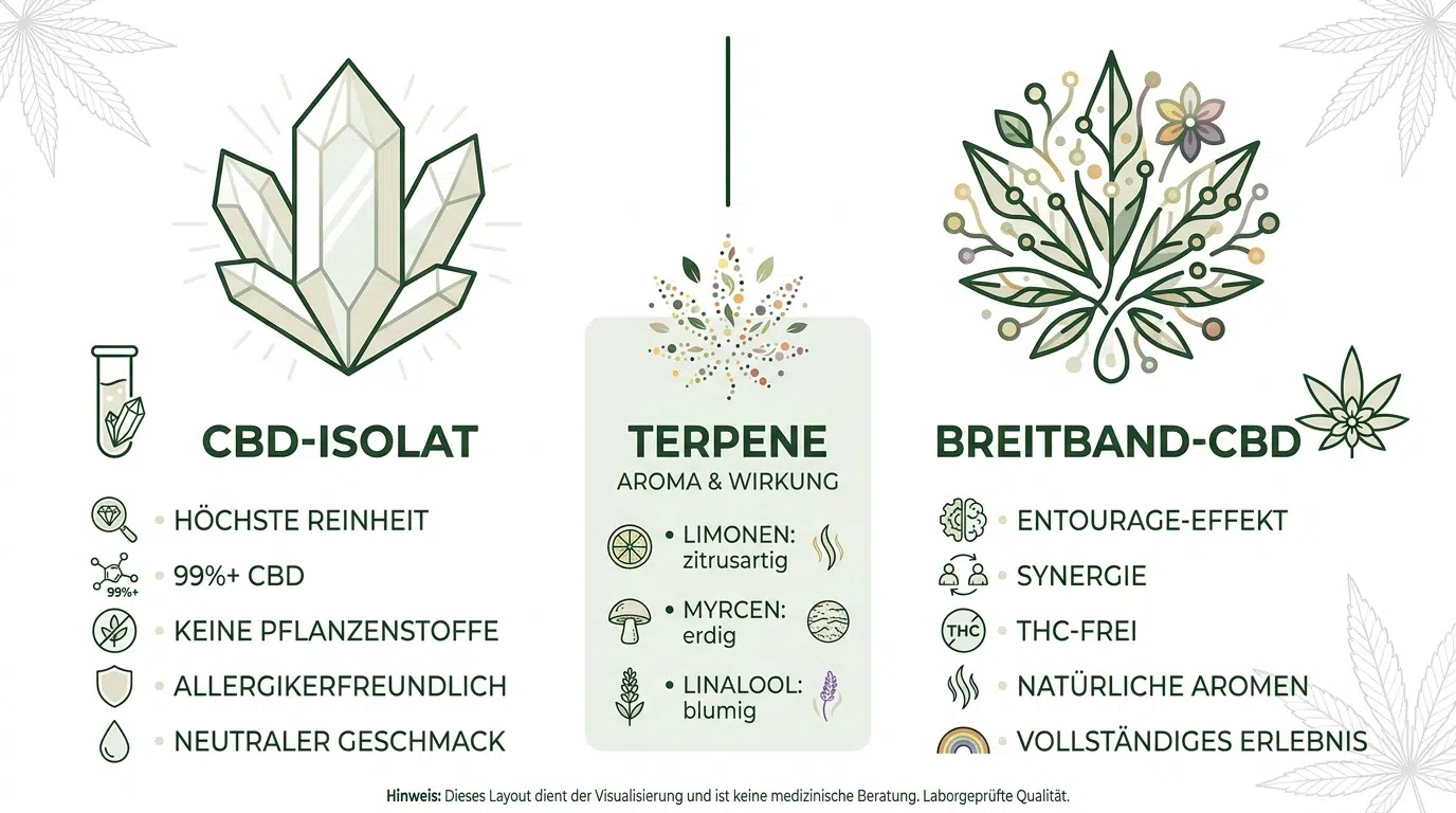 Vergleich von CBD-Isolat und Breitband-CBD: Beide Varianten sind CBD ohne THC und bieten unterschiedliche Vorteile wie Entourage-Effekt oder höchste Reinheit.