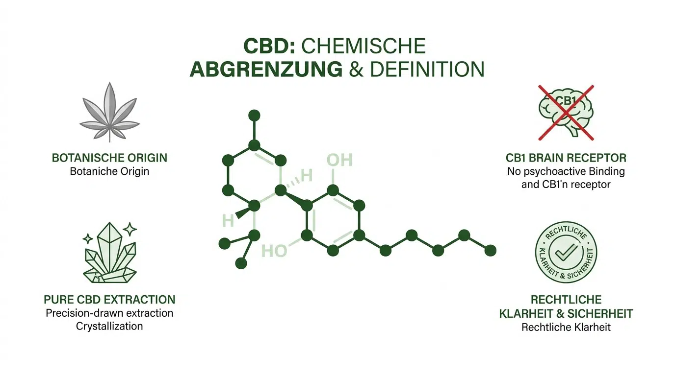 Infografik zur chemischen Definition von CBD ohne THC, dargestellt durch die Molekülstruktur, die fehlende Bindung an CB1-Rezeptoren und Reinheitsmerkmale.