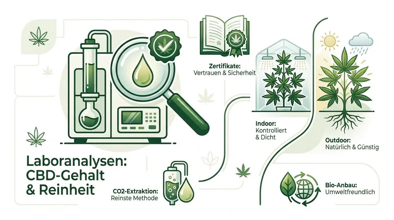 Infografik über Qualitätsstandards bei CBD ohne THC: Darstellung von Laboranalysen, CO2-Extraktion, Zertifikaten sowie Indoor- und Outdoor-Anbau.
