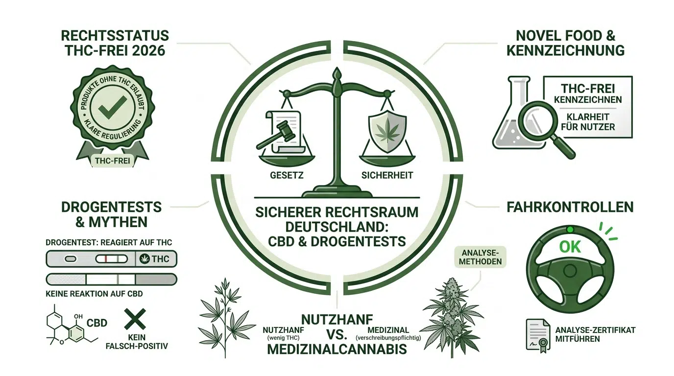 Infografik zur rechtlichen Lage und Drogentests bei CBD ohne THC in Deutschland: Fokus auf Verkehrssicherheit, Novel Food und Analytik.