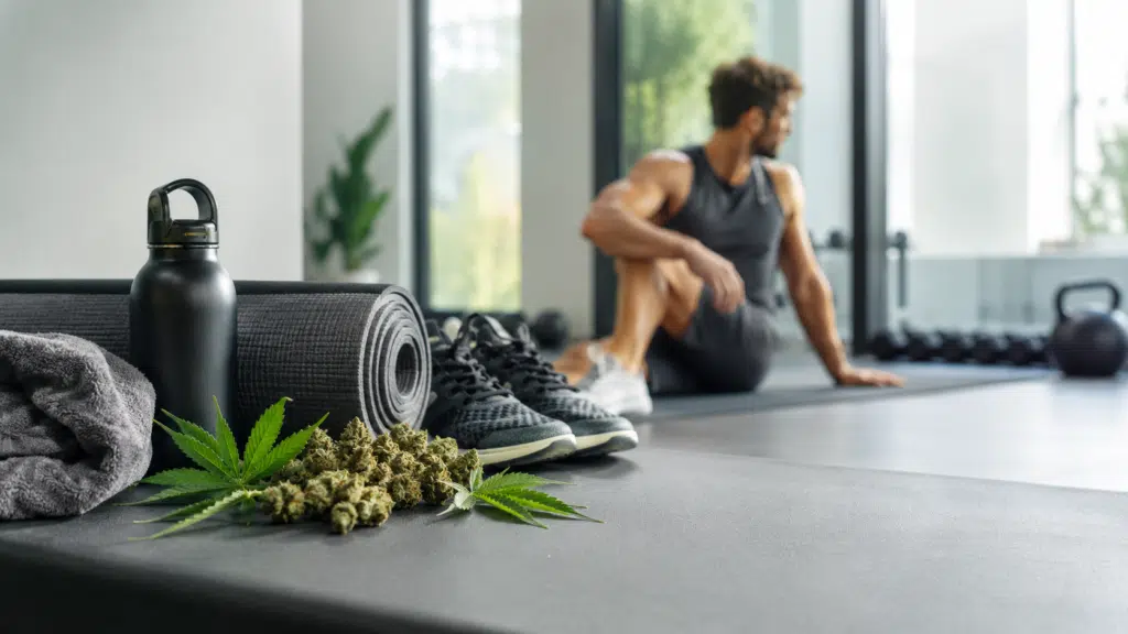 CBD Sport – CBD-Blüten neben Sportschuhen, Yogamatte und Trinkflasche