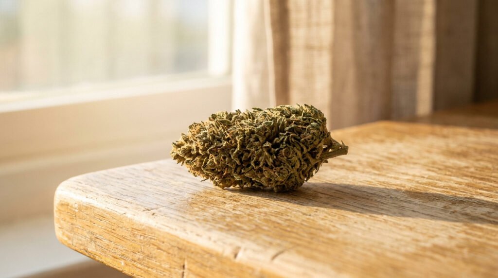 Une fleur de CBD séchée posée sur une table en bois clair près d'une fenêtre ensoleillée.