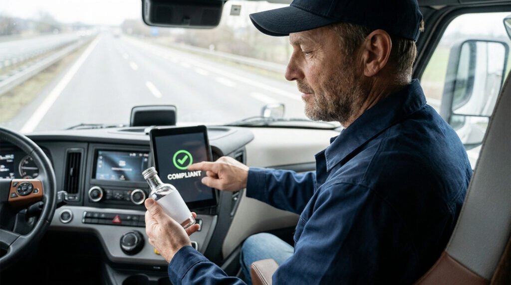 Un chauffeur routier vérifie une application sur tablette montrant "COMPLIANT" avec une petite bouteille à la main.