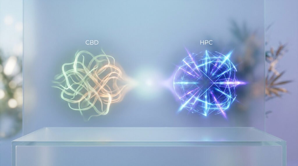 Représentation graphique de molécules CBD et HPC flottant sur un piédestal en verre, aux teintes lumineuses et éthérées.