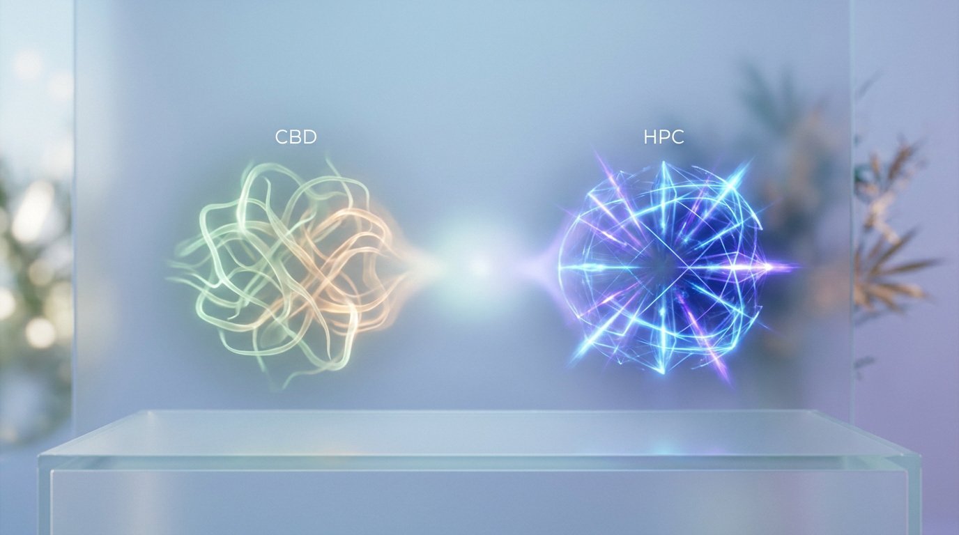 Représentation graphique de molécules CBD et HPC flottant sur un piédestal en verre, aux teintes lumineuses et éthérées.