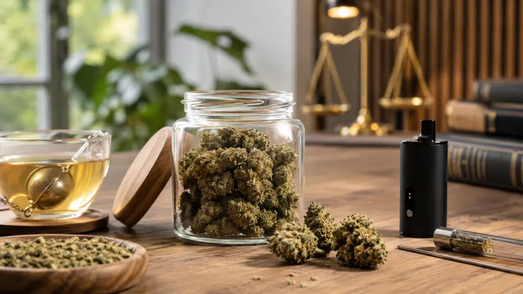 Hanfblüten verwenden – CBD-Blüten mit Tee und Verdampfer auf einem Holztisch
