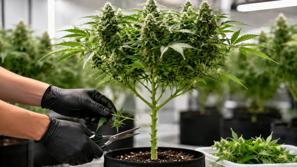 Lollipopping bei Cannabis – untere Triebe einer Cannabispflanze werden für mehr Ertrag entfernt