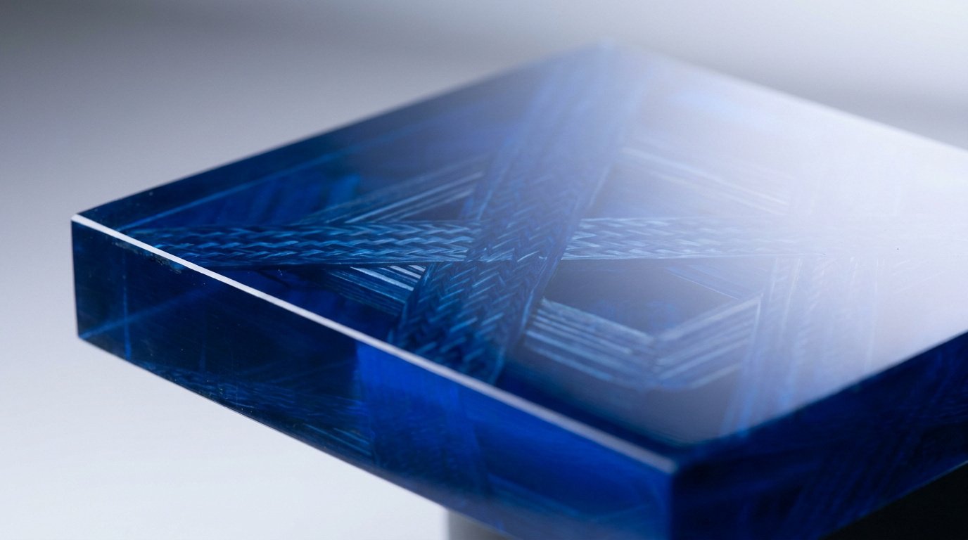Bloc rectangulaire de résine bleue transparente contenant une structure croisée en fibres de carbone.