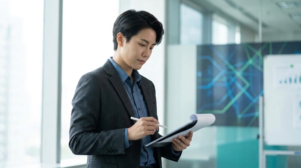 Un jeune homme en costume consultant un document dans un bureau lumineux et moderne.