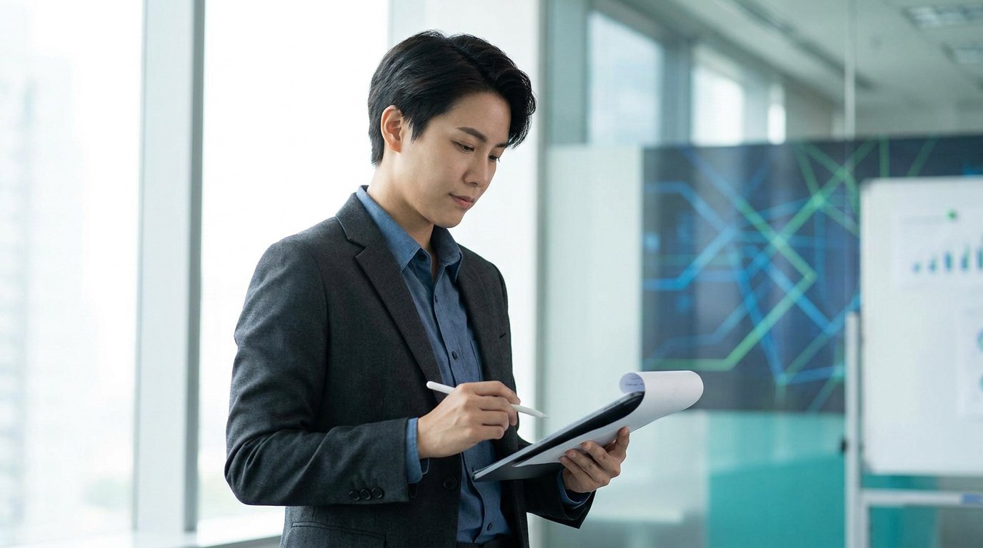 Un jeune homme en costume consultant un document dans un bureau lumineux et moderne.