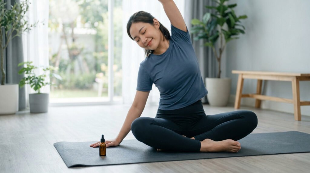 Femme pratiquant le yoga sur un tapis avec une petite bouteille d'huile de CBD à côté d'elle.