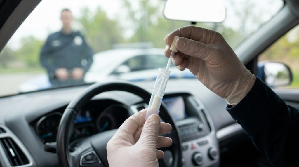 Mains gantées tenant un kit de test salivaire dans une voiture avec un policier flou en arrière-plan.